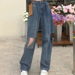 Ripped Wide-legged Jeans Women's Straight Loose High Waist