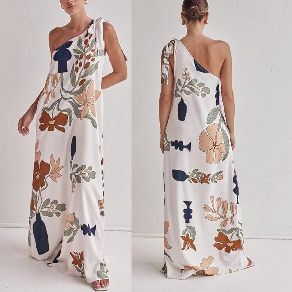 Oblique Shoulder Printed Pocket Dress Loose - Image 2
