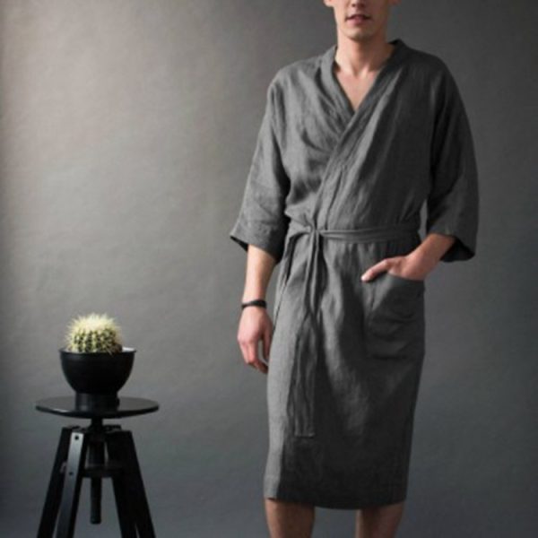Men's And Women's Long Solid Color Linen Pajamas Robe Bathrobe - Image 6