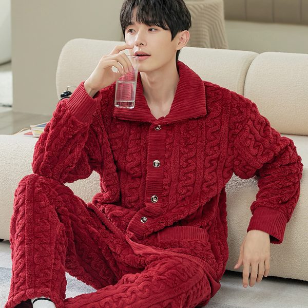 Men's Long Sleeve Cardigan Pajamas Outer Wear Coral Fleece Home Wear - Image 7