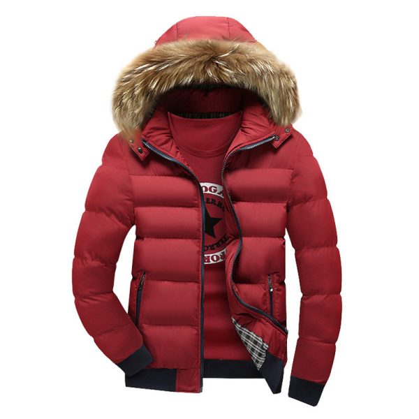 Men's Hooded Fur Collar Warm Cotton Coat - Image 5