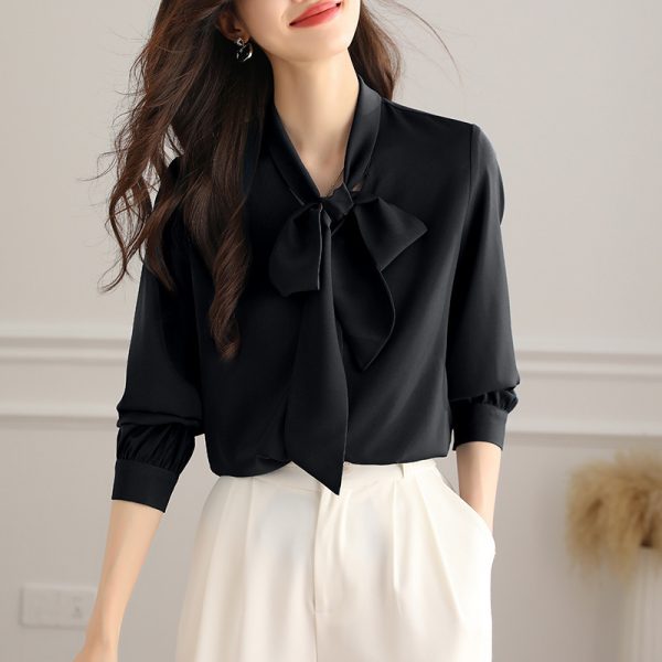 Acetate Satin Bow Shirt Women's Long Sleeve - Image 3