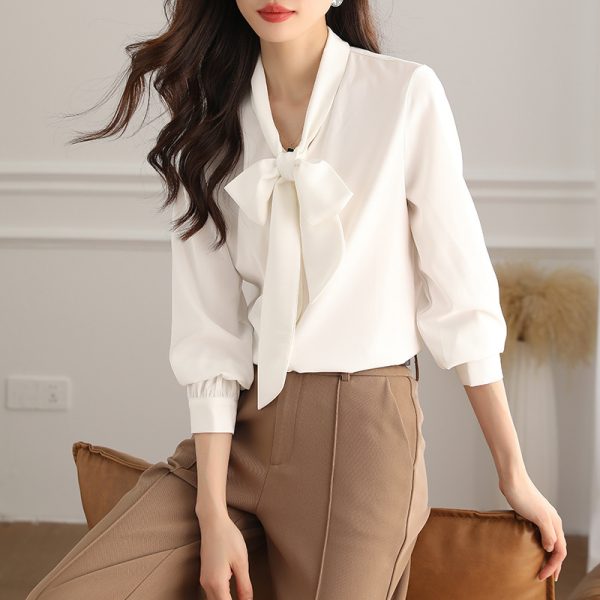 Acetate Satin Bow Shirt Women's Long Sleeve - Image 5
