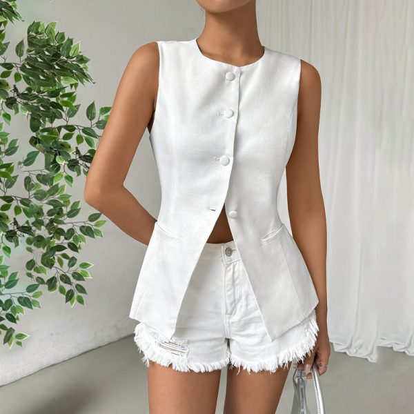 Sleeveless Button Round Neck Elegant Vest - Image 5