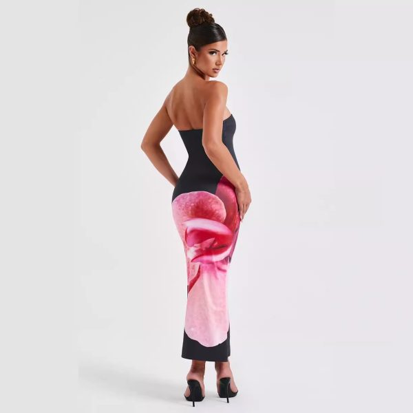 Printed Intellectual Temperament Drape Long Tube Top Sheath Dress - Image 4