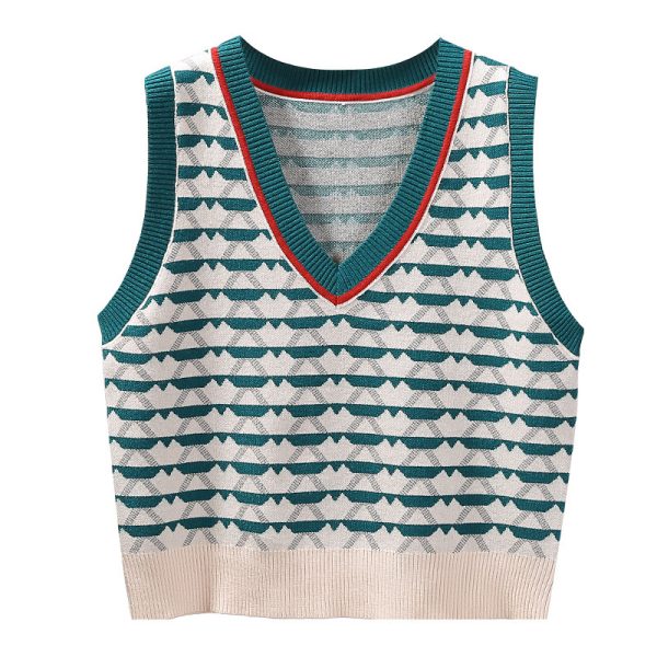 Retro Contrast Color Jacquard Ins Knitted Vest For Women - Image 3
