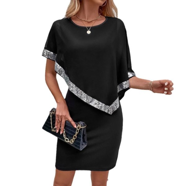 European And American Fashionable Sequins Patchwork Round Neck Fake Two-piece High-grade Women's Skirt - Image 5