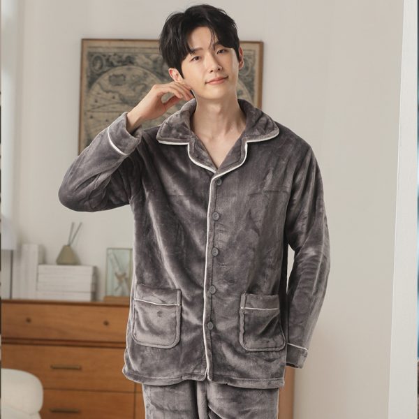 Autumn And Winter Flannel Men's Pajamas Men's Lapel Cardigan - Image 6
