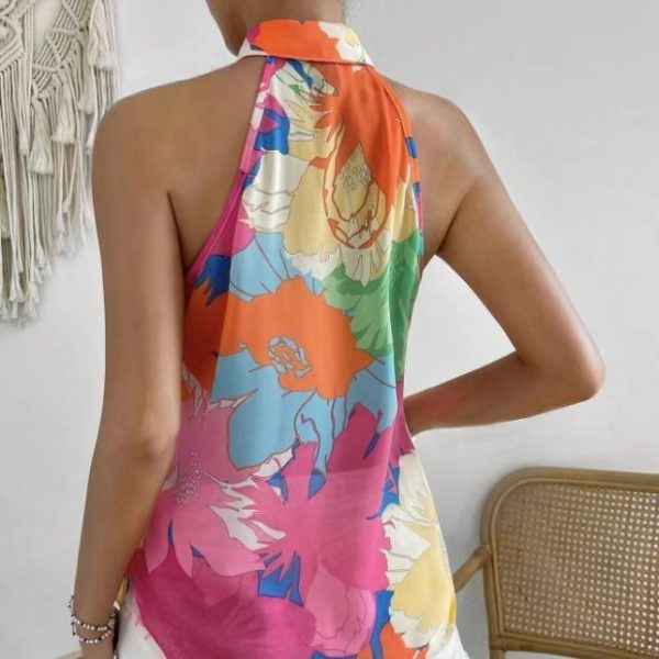 Ladies' Colorful Floral Print Sleeveless Vacation Style Loose Chiffon Shirt - Image 2