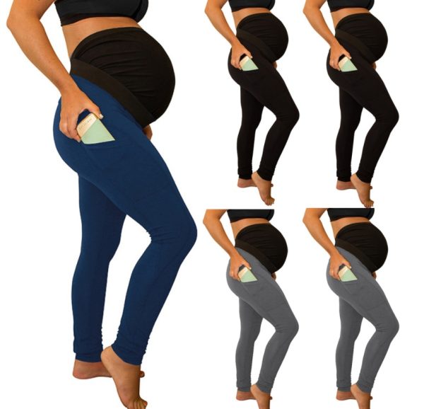 pure color panel long and high waist side pocket Maternity Pants - Image 2