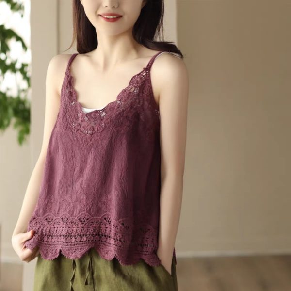 Retro All Cotton Hollow Embroidered Lace Vest - Image 3
