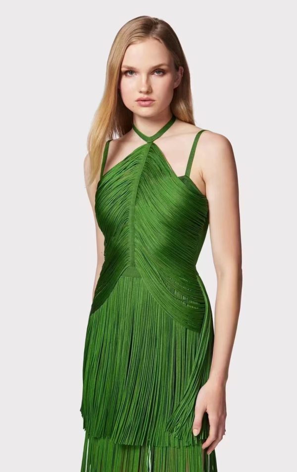 Green Halter Spaghetti Straps Tassel Dinner Ball Dress - Image 9