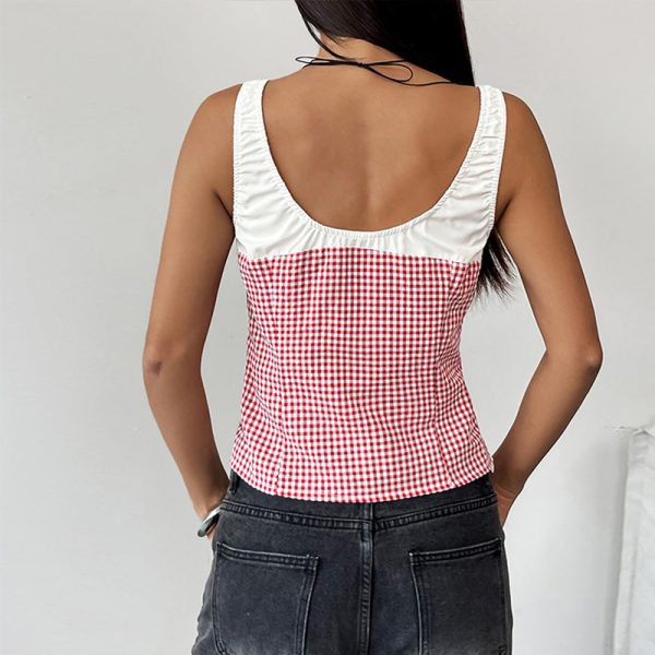 Casual Vest Elastic Lace Plaid Stitching Vest - Image 4