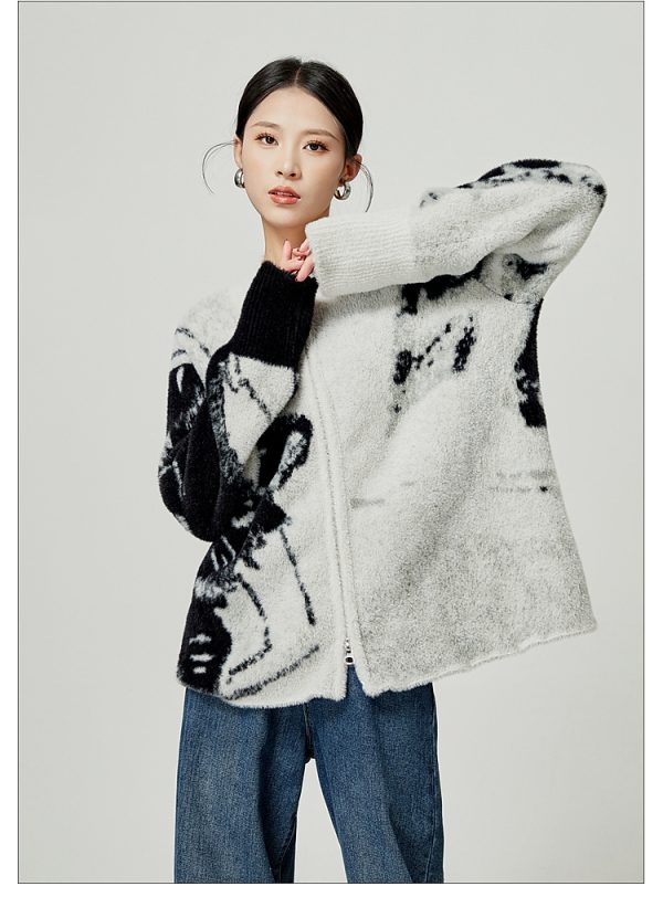 Grey Color Blocked Cardigan Sweater Round Neck Knit - Image 7
