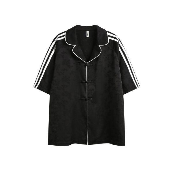 Striped Black Short Sleeve Shirt Men's Turn-down Collar Coat - Image 5