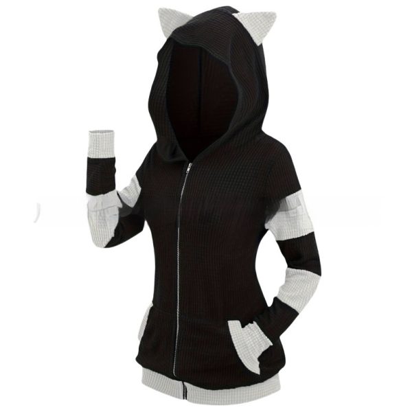 Women's Thickened Cat Ear Zipper Color Stitching Hoodie - Image 2