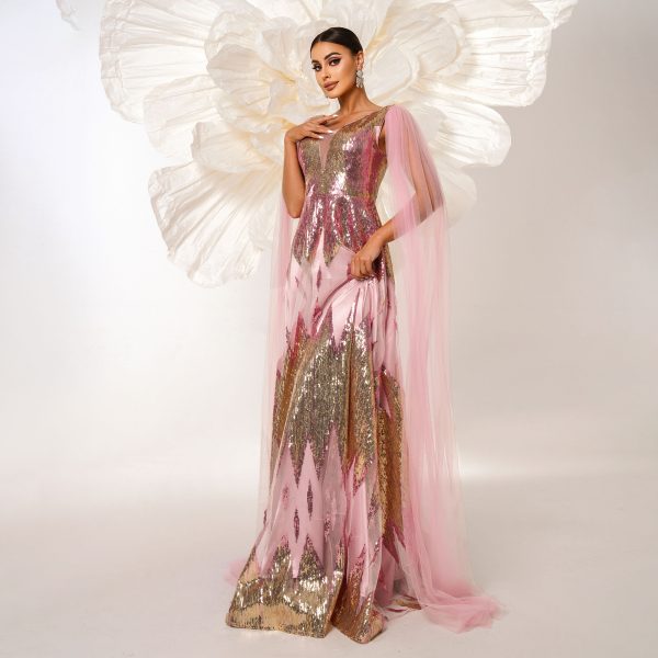Mesh Long Sleeve V-neck Sequins Large Swing Evening Dress - Image 4