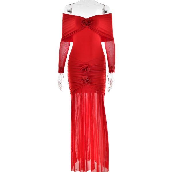 Fashion Off-shoulder Pleated Dress Flower Dress - Image 5