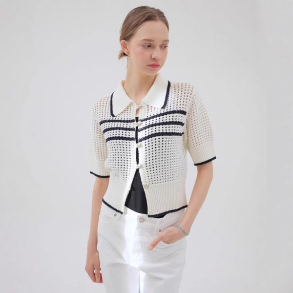 Cardigan Short Sleeve Fit Lapel Fashion Striped Colors - Image 3