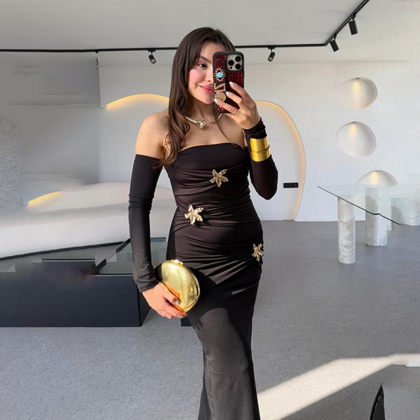 Women's Pleated Long-sleeved Dress Fashionable Slim Dress - Image 4