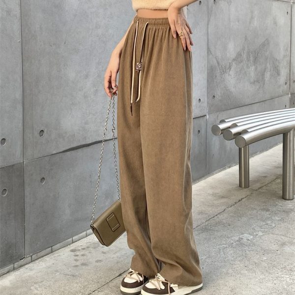 Corduroy Double Drawstring Wide Leg Pants High Waist Casual Straight Pants - Image 9