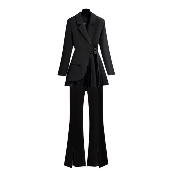 Lapel Design Pleated Skirt Black Suit Jacket For Women - Image 4