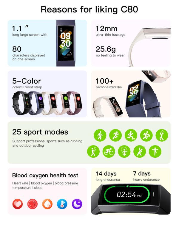 C80 Smart AMOLED Screen Power Heart Rate Blood Oxygen Monitoring Bracelet - Image 8