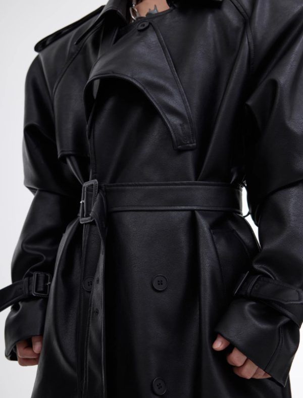 Deconstructing Split Padded Shoulder Profile PU Leather Coat - Image 5