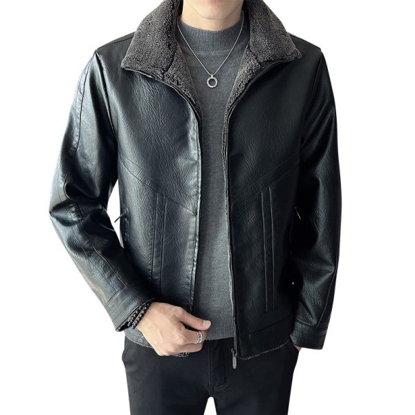 Hong Kong Style Velvet Padded Plus Size Men's Leather Jackets - Image 5