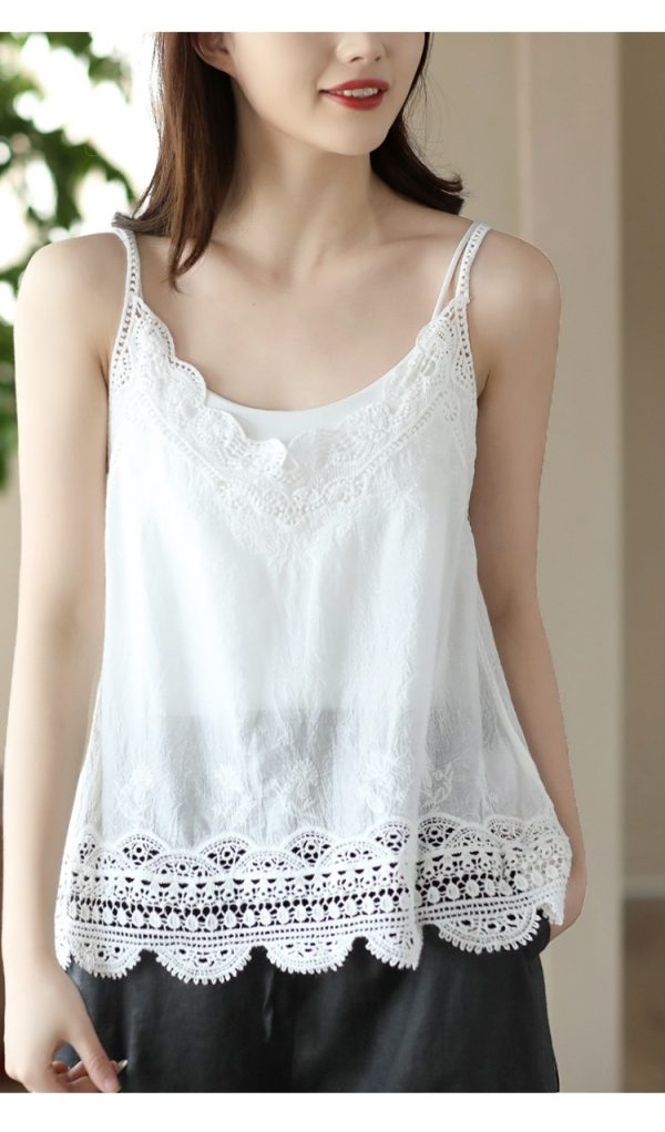Retro All Cotton Hollow Embroidered Lace Vest - Image 6