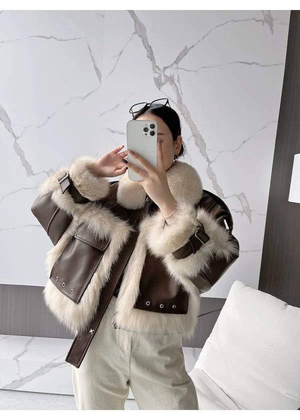 Sense Fox Fur Stitching Leather Coat - Image 10
