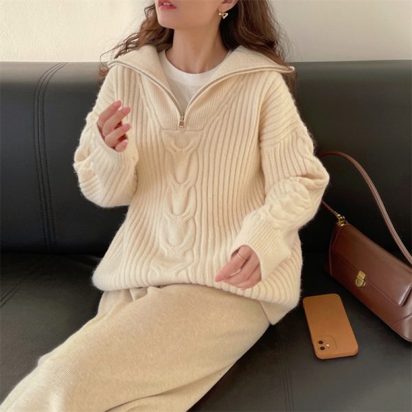 Half Zipper And Lapel Thick Sweater For Women Autumn And Winter - Image 7