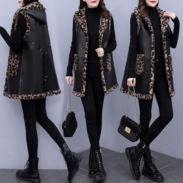 Plus Size Women's Leopard Rabbit Plush Vest Coat - Image 6