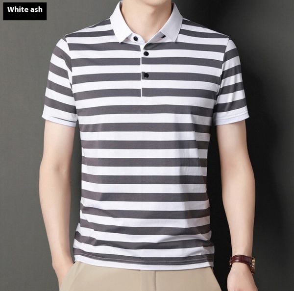 Summer Short-sleeved T-shirt Men's Cotton Ice Silk Polo Collar Stripes Youth Undershirt - Image 4