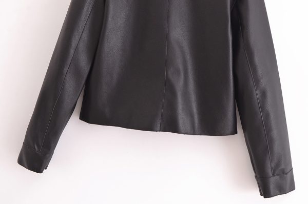 All-matching Western Style Classic Black Leather Short Long Sleeve Jacket - Image 5