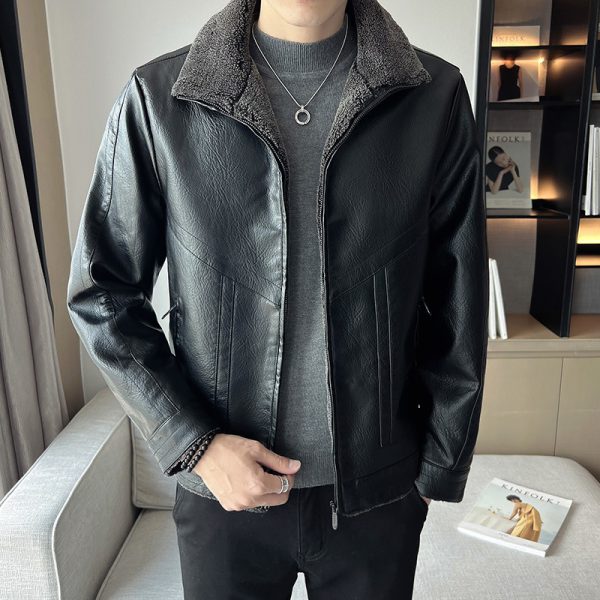 Hong Kong Style Velvet Padded Plus Size Men's Leather Jackets - Image 6