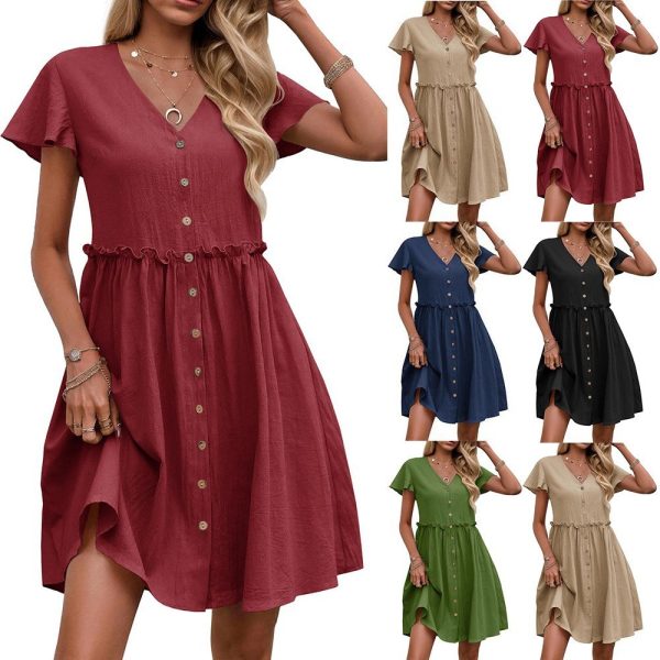 Button Butterfly Sleeve Cotton Linen With Pocket Beach Dress - Image 2