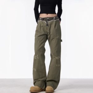 Ripped Cargo Jeans Straight Logging Casual Trousers