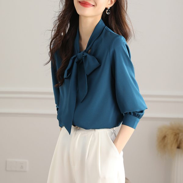 Acetate Satin Bow Shirt Women's Long Sleeve - Image 2