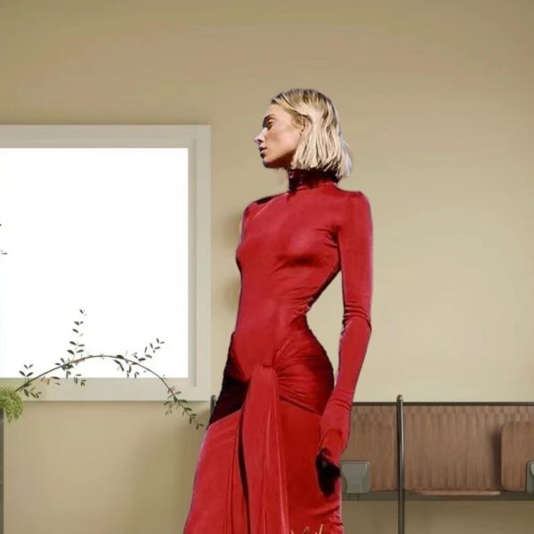 High Collar Solid Color European And American High-end Lace-up Design Dress - Image 4
