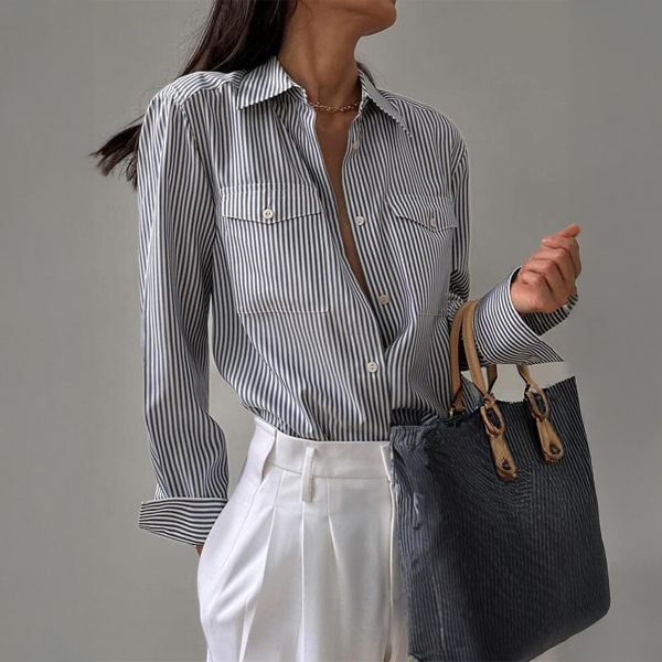 Loose Pockets Striped Contrast Color Cardigan Women's Clothes Top - Image 2