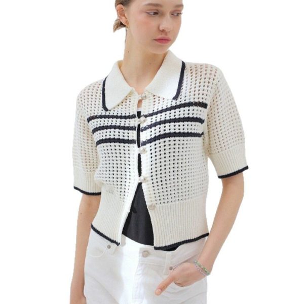 Cardigan Short Sleeve Fit Lapel Fashion Striped Colors - Image 5