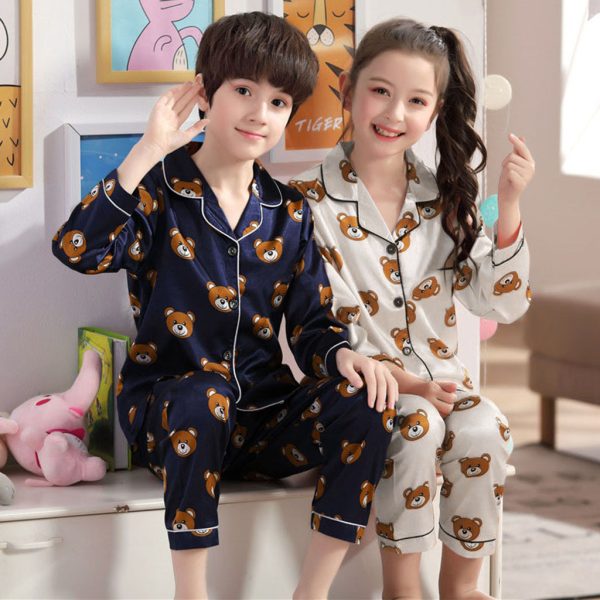 Long sleeve ice silk bear pajamas set for boys and girls - Image 3