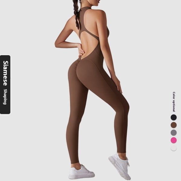 Solid Color Nude Feel High Strength Tight Sports Back Shaping Long Jumpsuit - Image 10