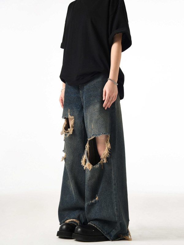 Couple Hole Worn Jeans Wide-leg Pants - Image 3