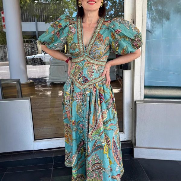 Printed Lantern Sleeve Dress Loose Vacation - Image 3