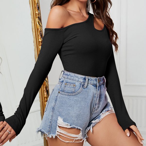 Women's Sloping Exposed Shoulder Long Sleeve Irregular Top - Image 3