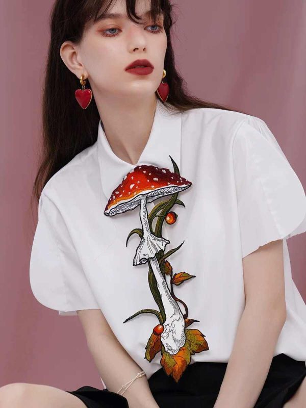 Knotless Machine Embroidery Vintage Mushroom Berry Tie For Women - Image 5