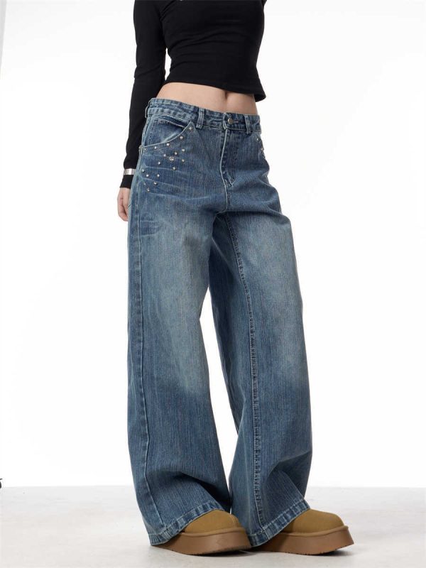 Women's Rivet High Waist Wide Leg Jeans Baggy Straight Trousers - Image 2