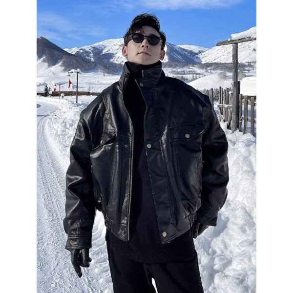 Jacket Leather Coat Autumn And Winter Men's Coat Trendy Handsome Fleece Thickened Pilot Motorcycle Plus Size - Image 3